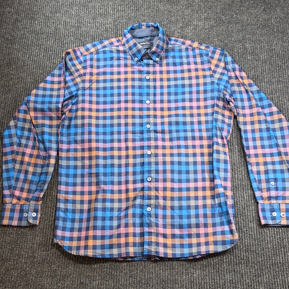 Bugatchi Button Down Shirt Mens L Blue Orange Plaid Excellent Classic Fit Cotton
